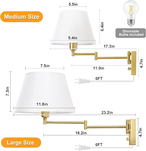 Miniatura 6 de TRLIFE Aplique de pared regulable, apliques de pared de latón cepillado, juego de 2 luces de pared con brazo oscilante con cable de enchufe e