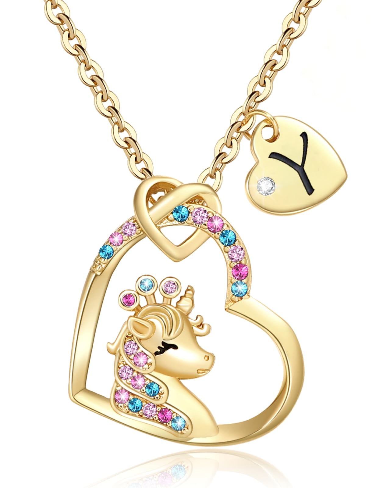 Chunyee Unicorn Gifts for Girls, Colorful CZ Heart Unicorn Necklaces Initial Necklace Birthday Christmas Gift for Girls Teens