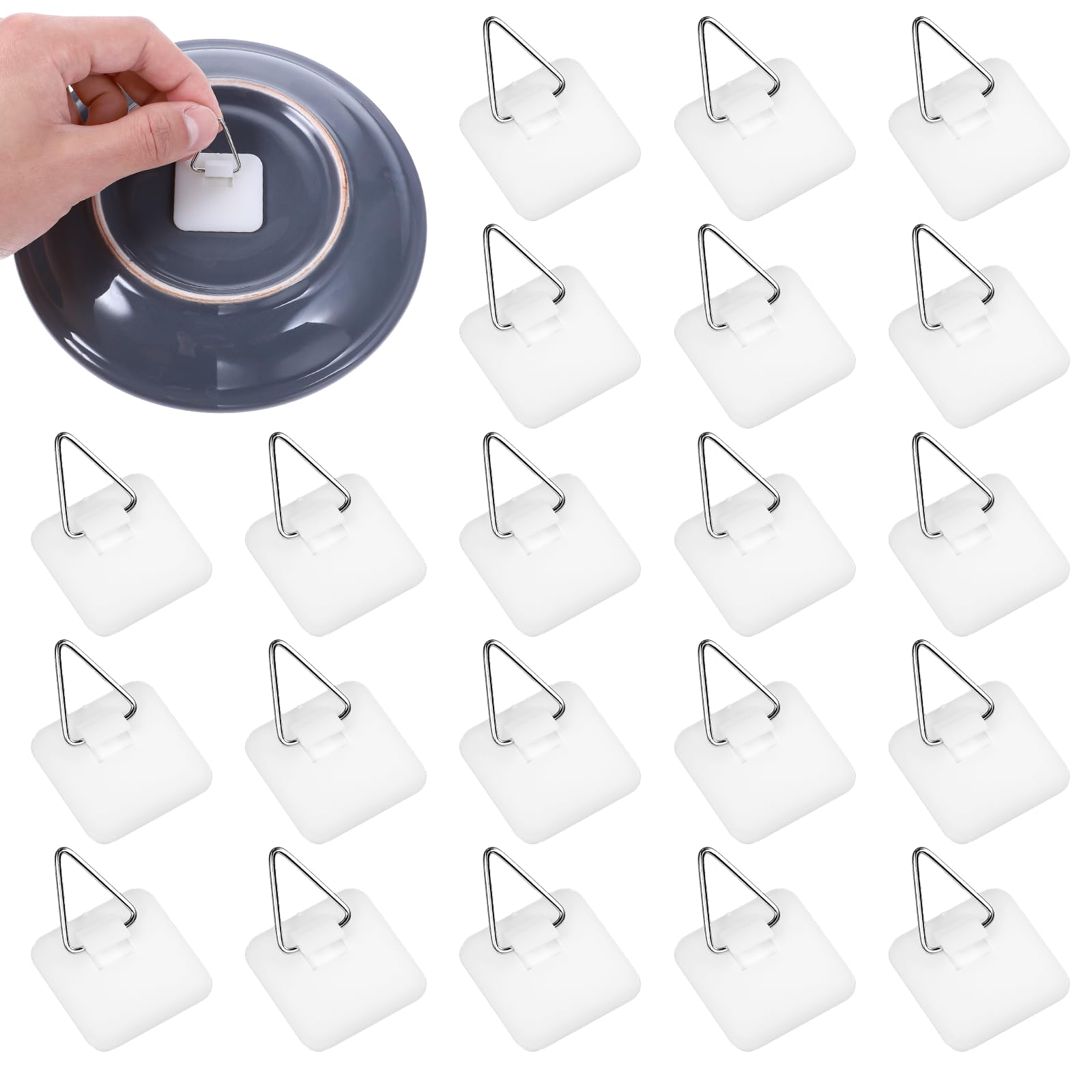 Grevosea 20 Pcs Wall Plate Hangers, Adhesive Picture Hangers Frame Hangers Without Nails Picture Hanging Hooks Plate Holders for Displaying Decorative Plates and Wall Art (Square)