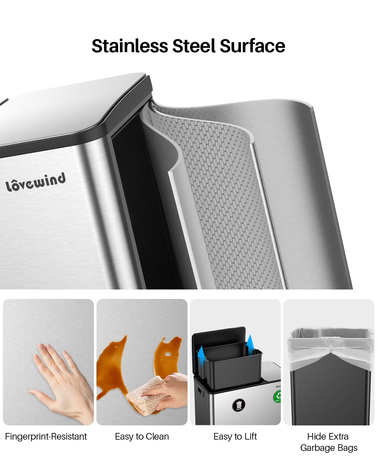 Dual Trash and Recycling Bins for Kitchen, 13.2 + 5.2 Gal (50+20L) Stainless Steel Trash and Recycle Bin Combo with Soft-Close Lid, Large Garbage Cans for Kitchen Home with 2 Magnets Sticker, Silver - Image 3