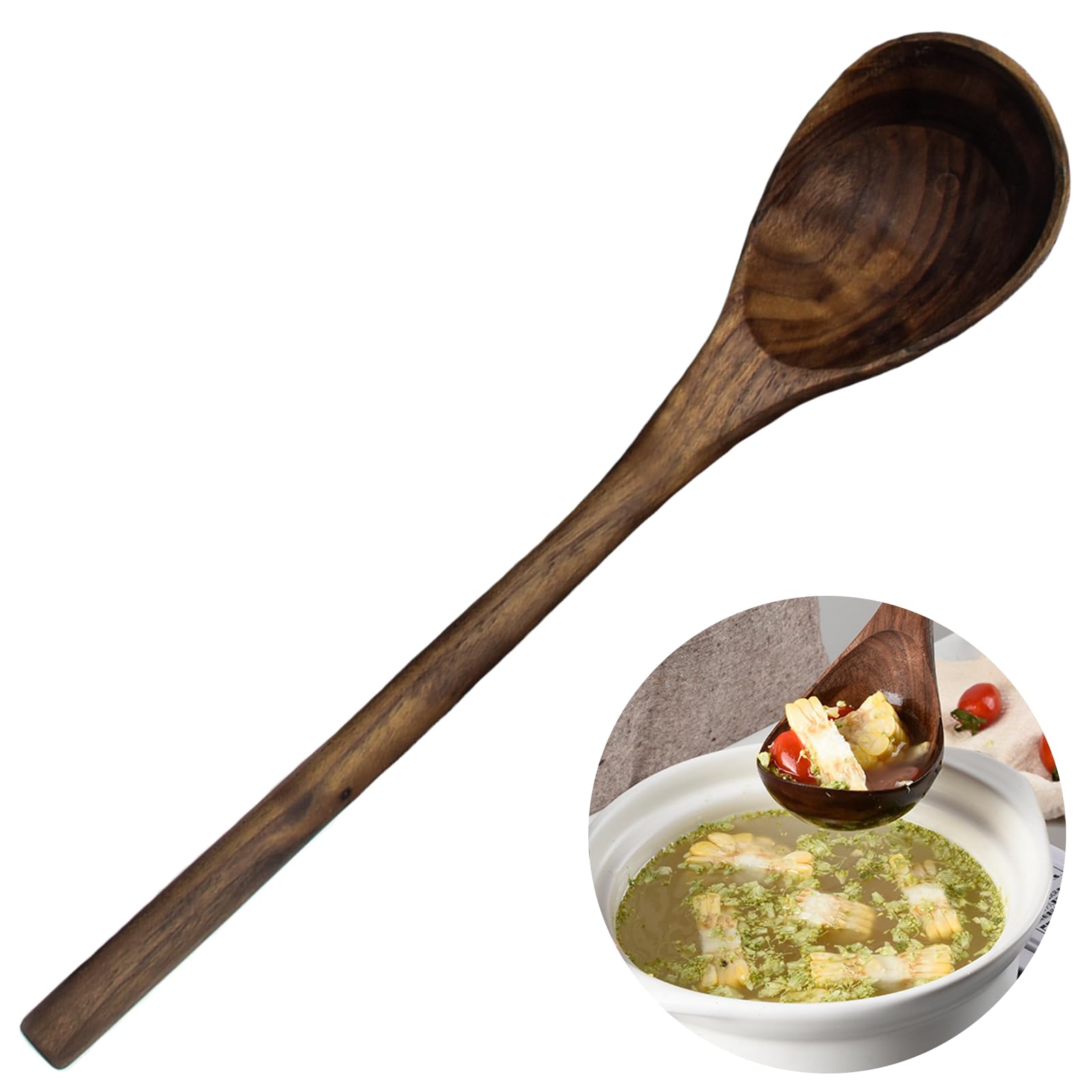 Cuchara de Madera de Nogal， Cuchara de Madera para cocinar， Cuchara de Cocina con Mango Largo， Cuchara de Madera para Servir para Mezclar y Revolver， Utensilios，Ladle