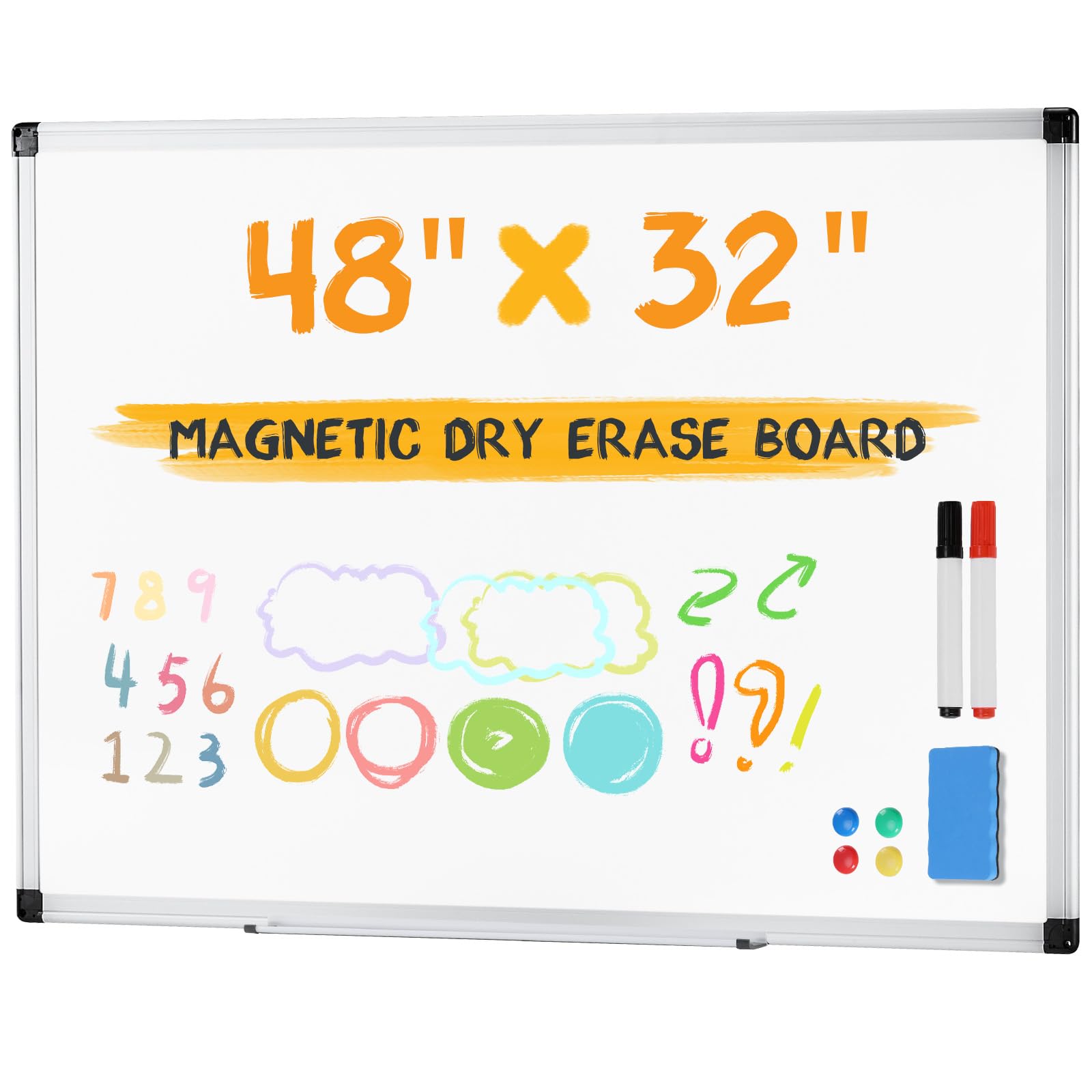 newbulig white board, 48" x 32" magnetic dry erase board for wall with 1 dry eraser & 2 multi-color markers & 4 magnetic pins, silver aluminum frame for office, home, school