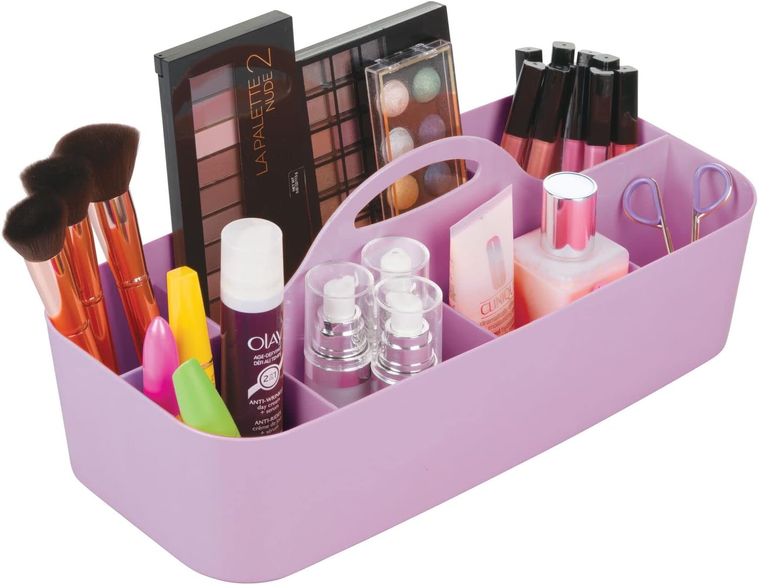 mDesign Plastic Bathroom Storage Organizer Caddy Tote - Divided Basket Bin with Handle for Shower, Dorm Room - Holds Soap, Body Wash, Shampoo, Conditioner, Lotion - Lumiere Collection, Light Purple