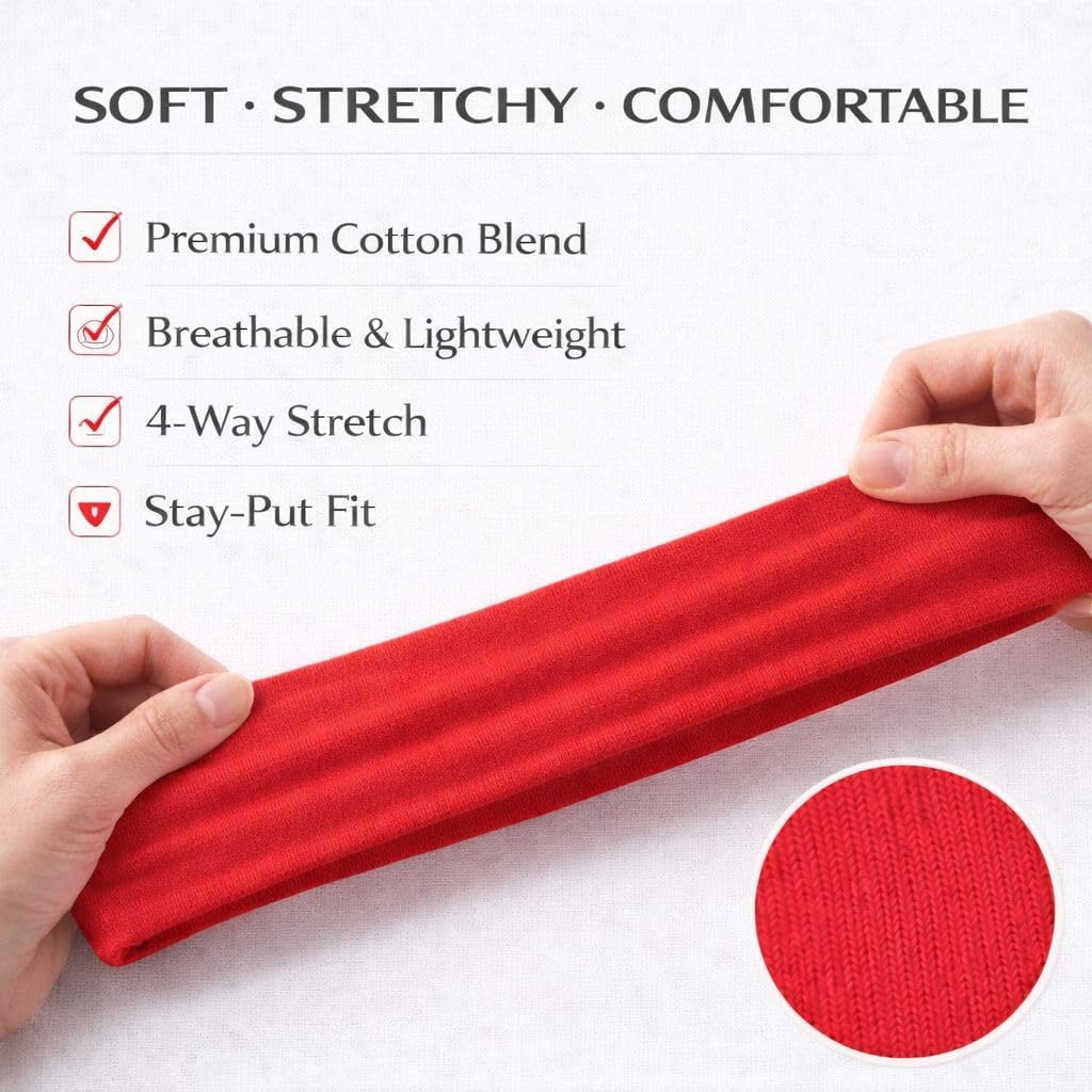 Headbands for Women & Men – Soft Cotton Stretchy Headband, Non-Slip Sweat Band for Workout, Running & Yoga
