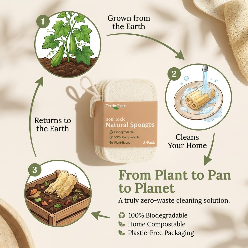 Truly Free Esponjas de limpieza naturales, 100 % orgánicas, esponja compostable a base de plantas, limpia fregadero, lechada y azulejos, estropajo antiarañazos – 4.4 x 2.8 pulgadas, paquete de 3