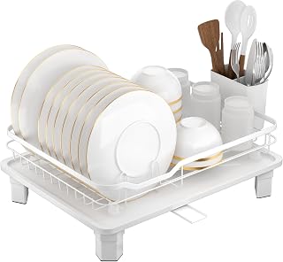 APPASO Dish rack, dish basket with drip bowl, cutlery holder and swivel outlet, large-capacity space-saving kitchen counter, white - GS401