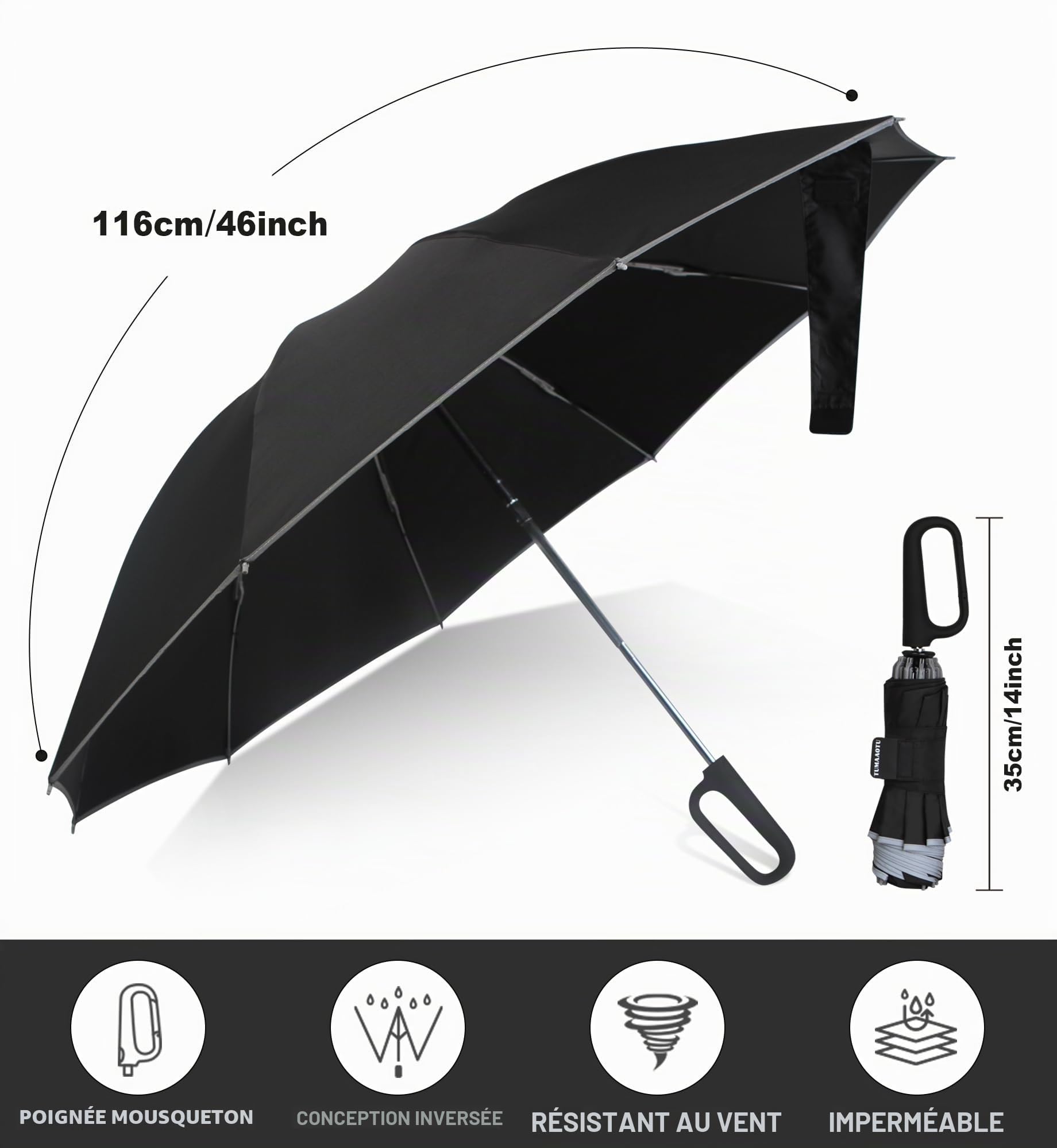 QWB TUMAAOTU Parapluie inversé avec poignée à mousqueton, parapluie coupe-vent pour la pluie et le soleil, parapluie de voiture portable pliable inversé de 117 cm, parapluie de voiture pour homme et