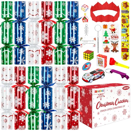 Melisheer Christmas Crackers, 12 Pack No Snap Christmas Party Favors with Snowflake Design, Xmas Poppers with Crown and Joke, Perfect for Christmas...