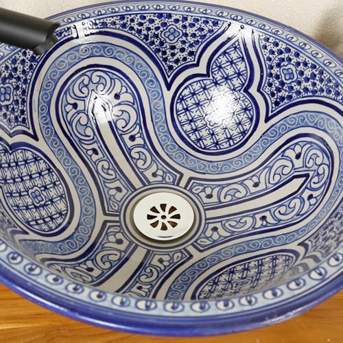 Casa Moro Lavabo rond en céramique, bleu, pour salle de bain et WC d'invités, lavabo encastré sans trou de robinetterie et sans trop-plein/vasque à poser