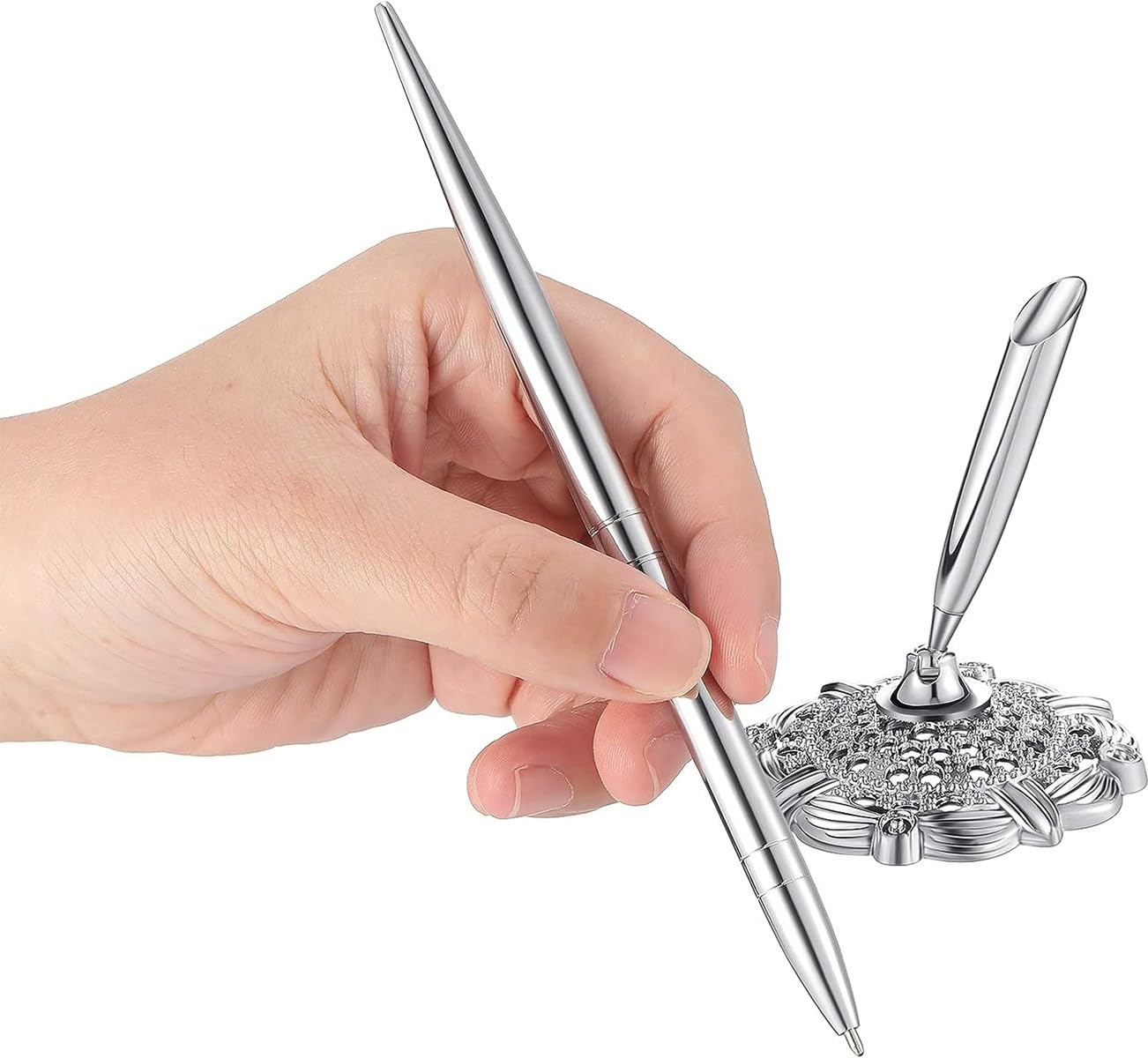 Rayibuir 2 Pieces Hollow Round Pen Holder Signing Pen Set for Wedding Bridal Engagement Guests Book Valentine's Day Favor (Silver) - Image 4