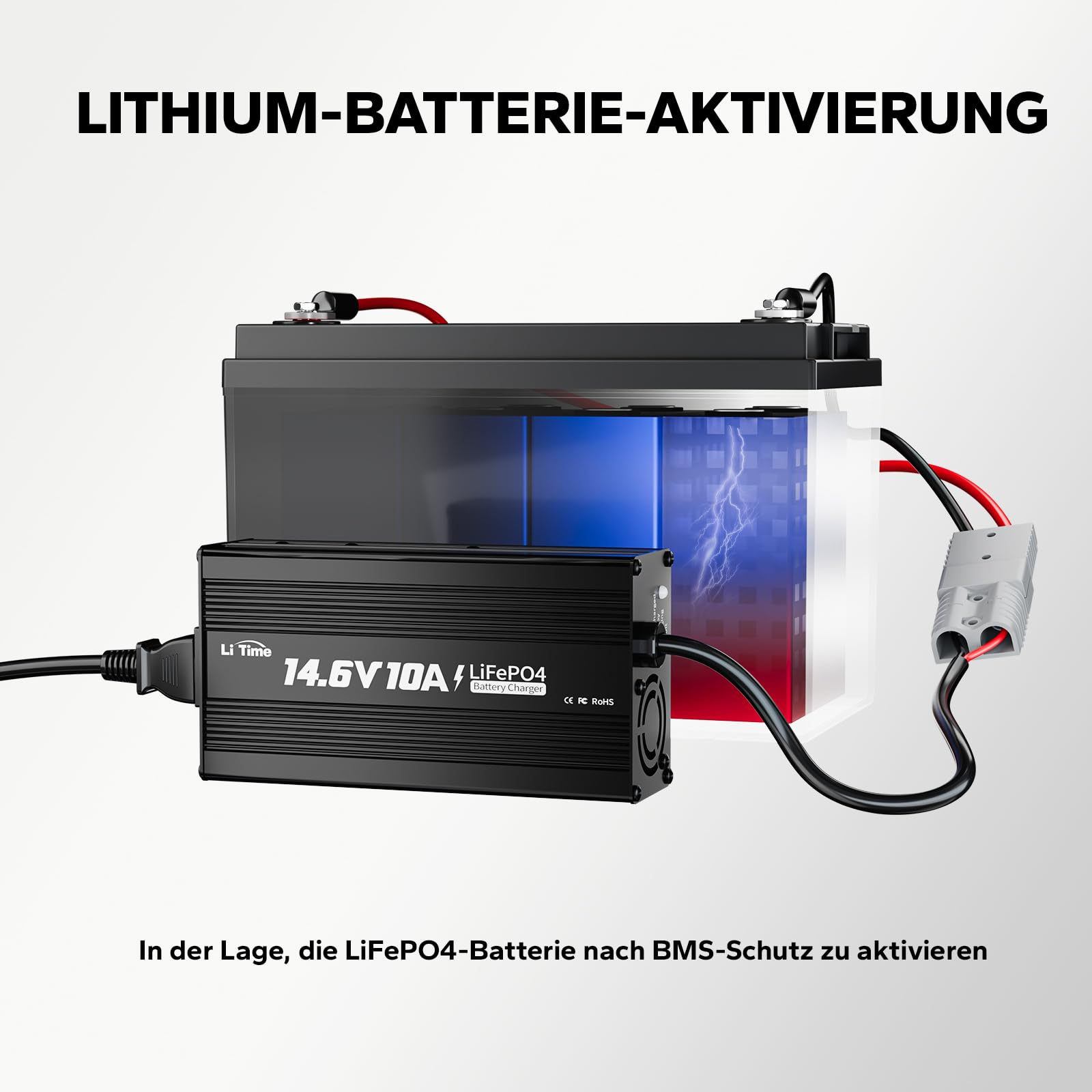 LiTime 12V 10A Batterieladegerät, 14,6V AC-DC LiFePO4 Lithium-Batterie-Ladegerät mit Anderson-Anschluss LED-Anzeige Ladegerät speziell für Deep-Cycle-Akkus für Womos, Häuser, Insel- & Solaranlagen