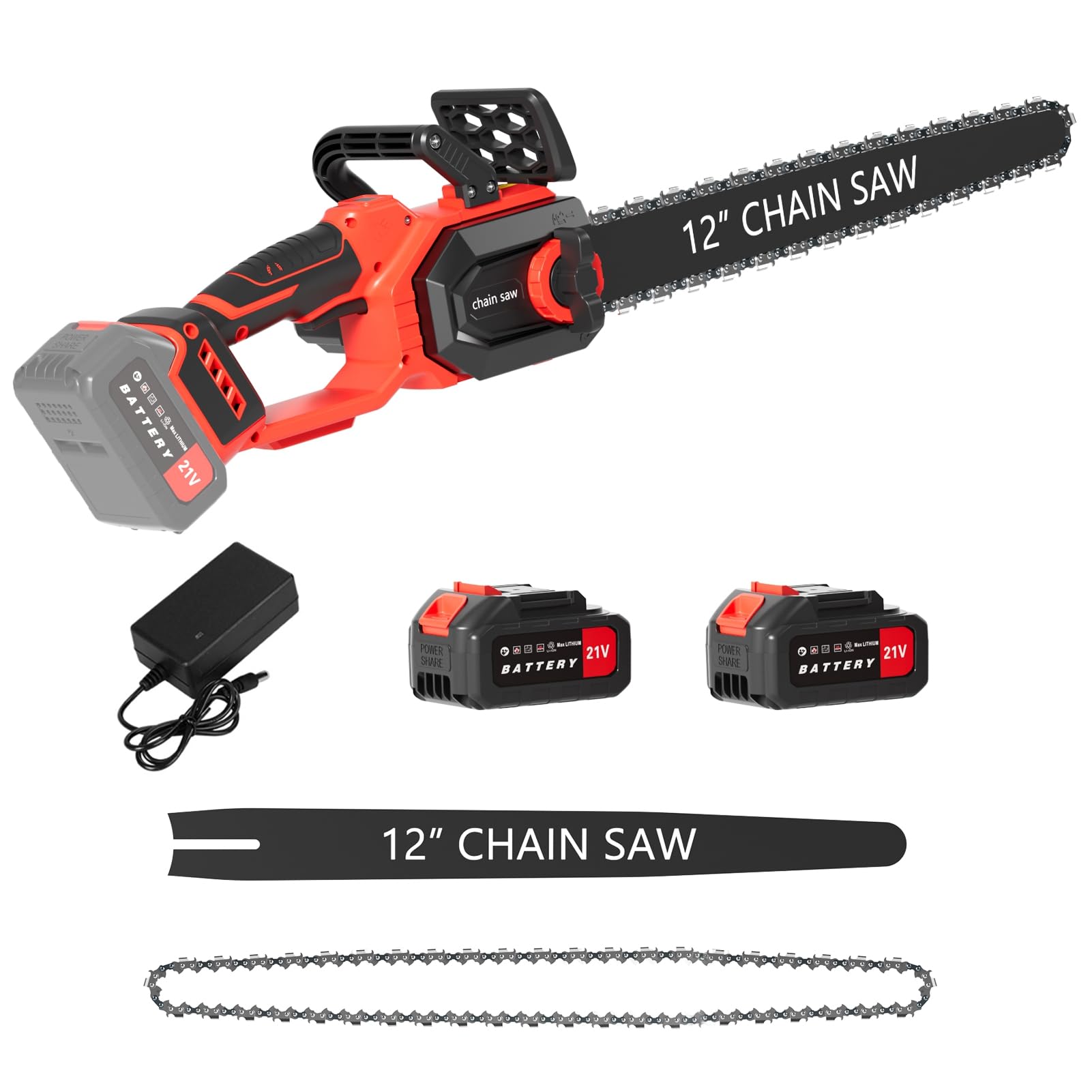 Chicmine 12" Electric Chainsaw, 1500W Brushless Cordless Chainsaw, 21V Powerful Battery Chainsaws With 2 Rechargeable Batteries & Charger, 25000Rpm Handheld Chain Saws For Wood Cutting