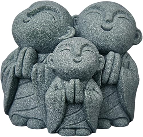 Miniatura 30 de livelyfish Estatua de Buda japonesa de 3 figuras de monje rezando de piedra arenisca para riqueza, buena suerte, jardín zen, pecera, acuario