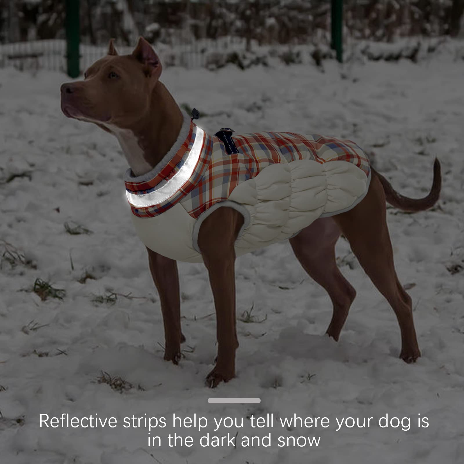 FUAMEY Cappotto invernale per cani con giacca e imbracatura integrati, cappotto per il freddo, con imbottitura e vestiti riflettenti, a quadri rossi da S a XXL