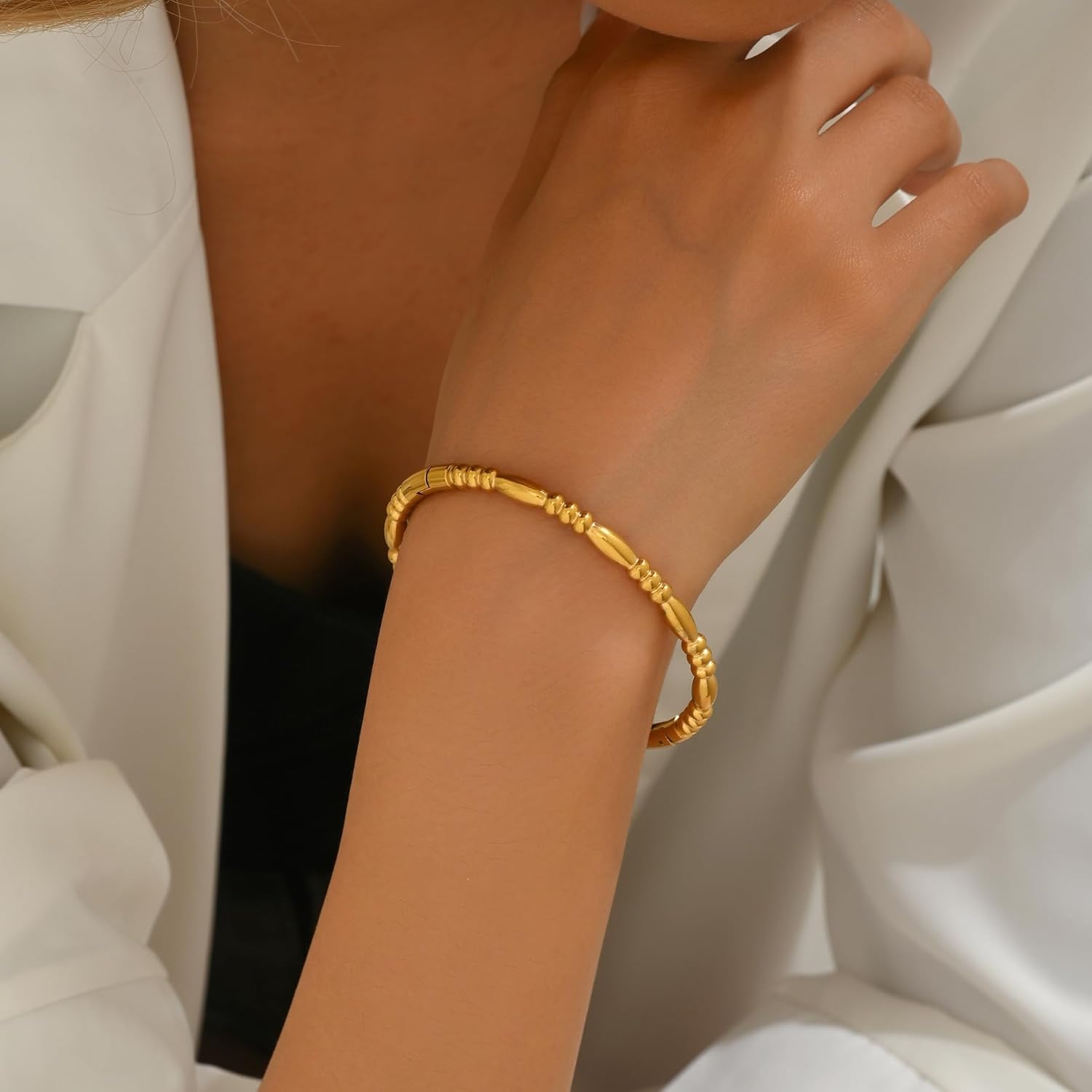 18K Gold Plated Bracelets for Women Mesh Link Chain Cubic Zirconia Oval Bangle Cuff Bracelets Stackable Stainless Steel Jewelry - Image 2