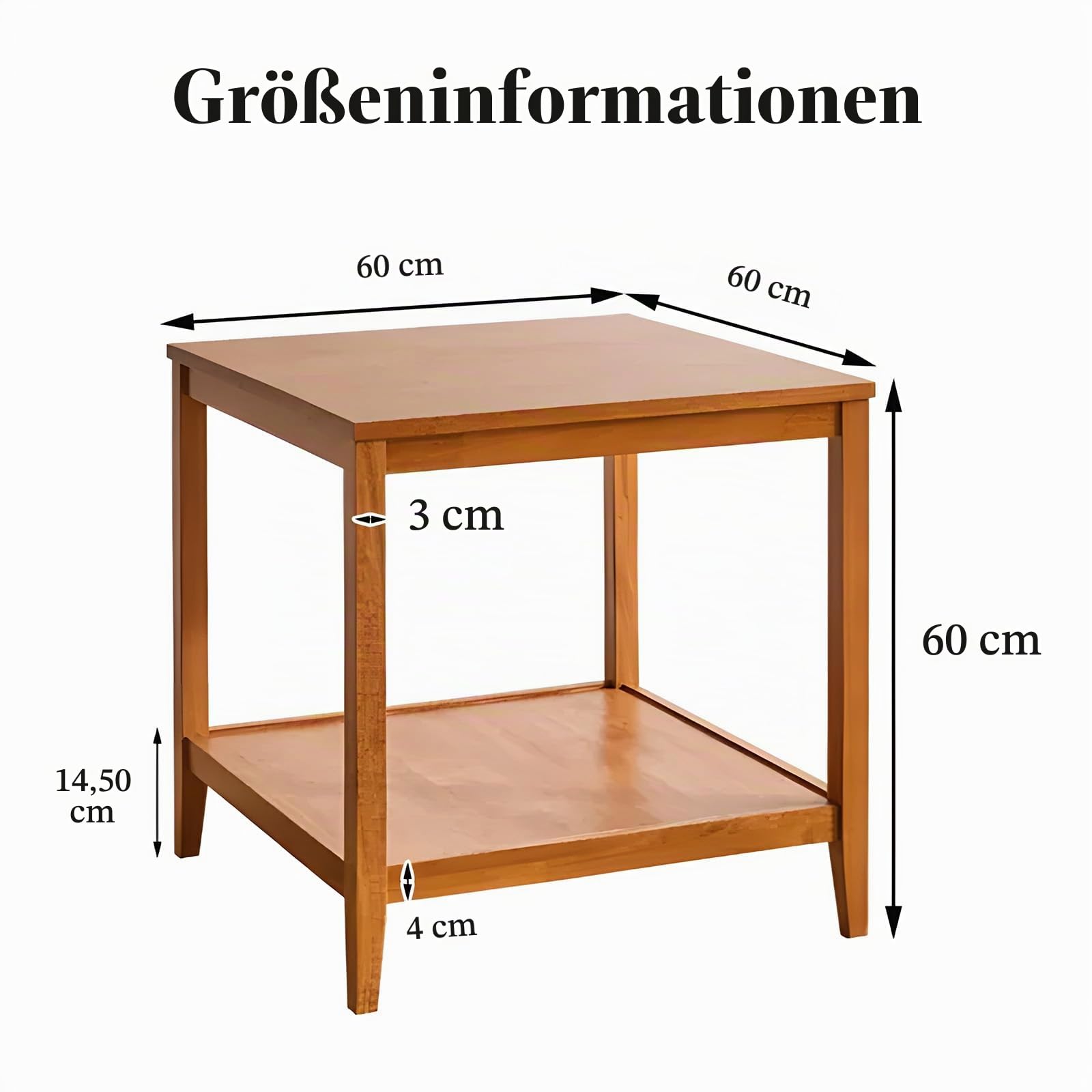 Beistelltisch aus Massivholz, Quadratischer Couchtisch mit Ablage, 2-Ebenen Kaffeetisch für Wohnzimmer, Nachttisch aus Gummibaumholz, 60 x 60 x 60 cm (Natur)
