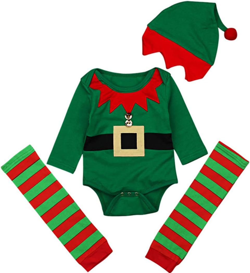 Christmas Cartoon Elf Costume Baby Boys Girls Santa Claus Long Sleeve Romper+Stripe Leg Warmer+Cap 3Pcs Set Outfits