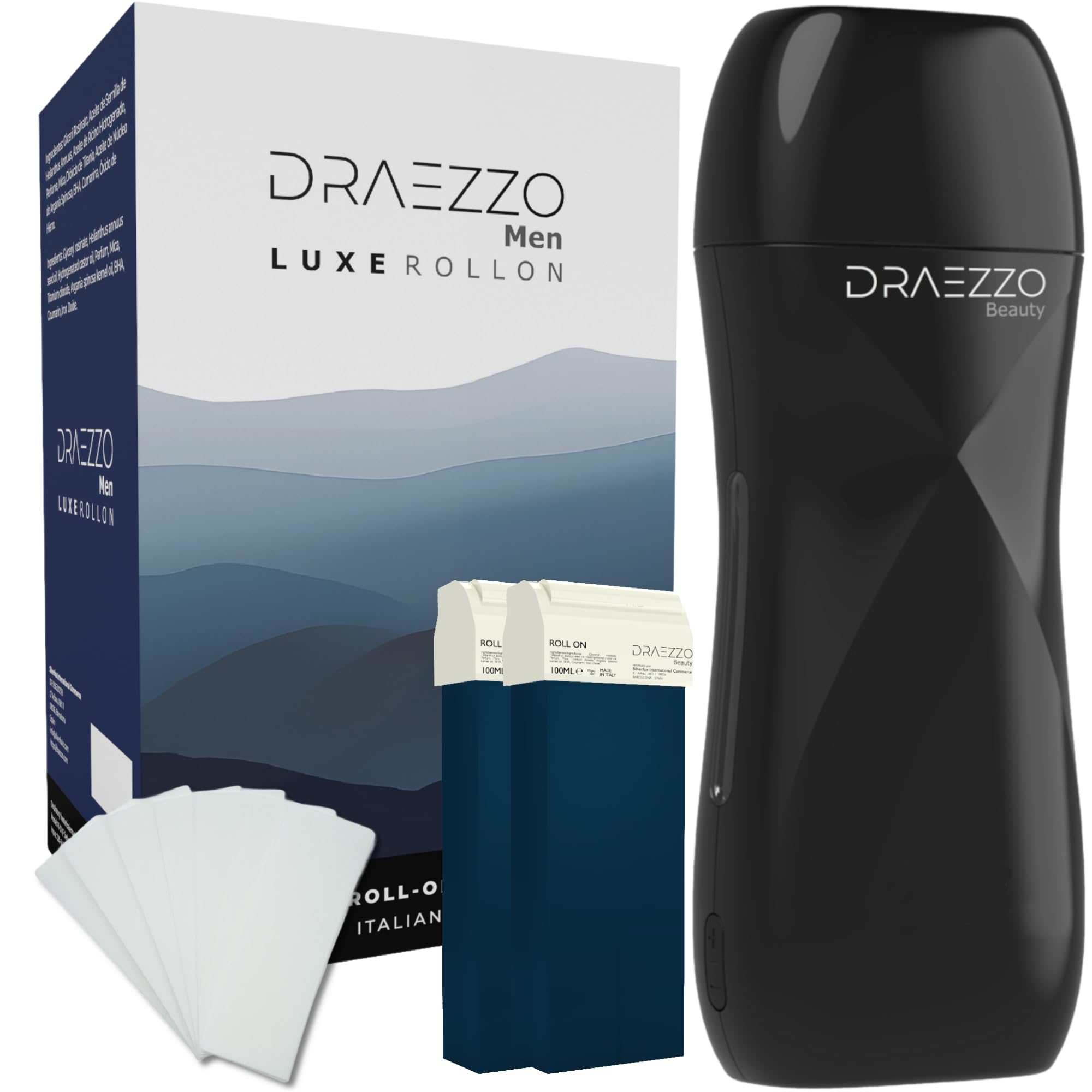 Men - Calentador Cera Roll On Profesional Kit para Hombre + 2 Cartuchos Cera Tibia Roll On Profesional - Descubre los Beneficios del Azuleno - RollOn Depilador (Azulene)