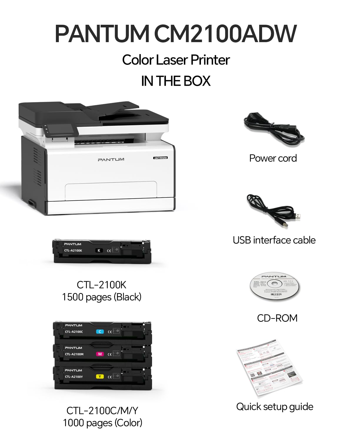 PANTUM CM2100ADW kolorowa drukarka laserowa, urządzenie wielofunkcyjne, skaner, kopiarka 3 w 1 z ADF, Wi-Fi, Ethernet, USB, automatyczne drukowanie dwustronne, 20 ppm (wersja uaktualniona)