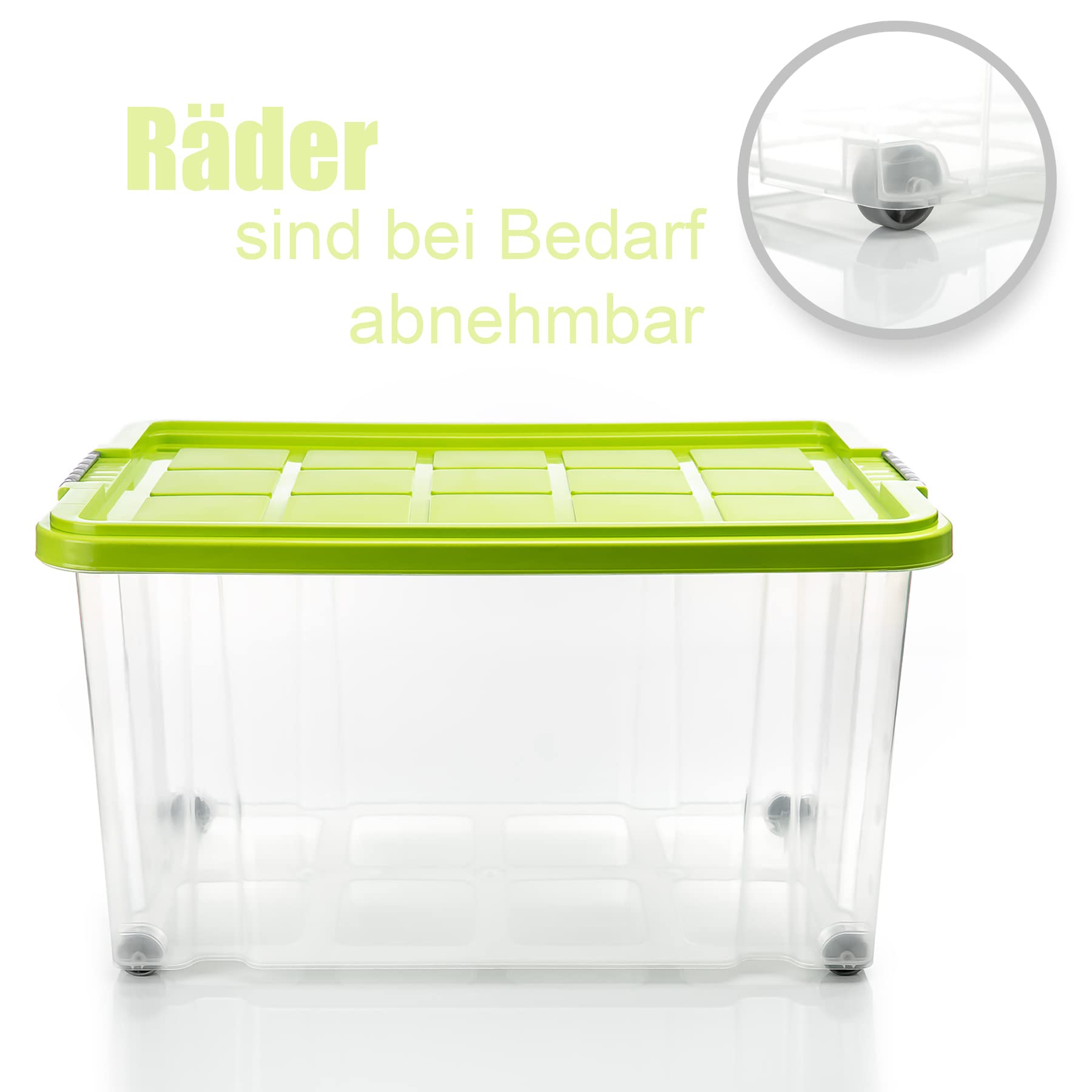 BigDean 4 Stück 60 L Aufbewahrungsbox mit Deckel groß limegrün stapelbar | Robuste Box rollbare Stapelbox mit festen Klickverschlüssen Made in Germany