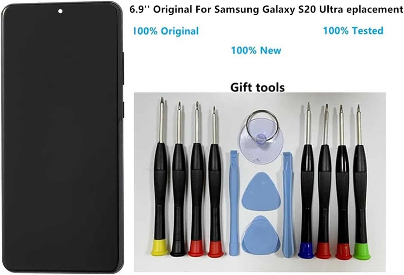 6.9" AMOLED Original for Samsung Galaxy S20 Ultra Display Touch Screen Digitizer Assembly S20Ultra 5G SM-SM-G988U SM-G988U1 SM-G988B Screen Replacement (with Black Frame + Back Cove + Tools)