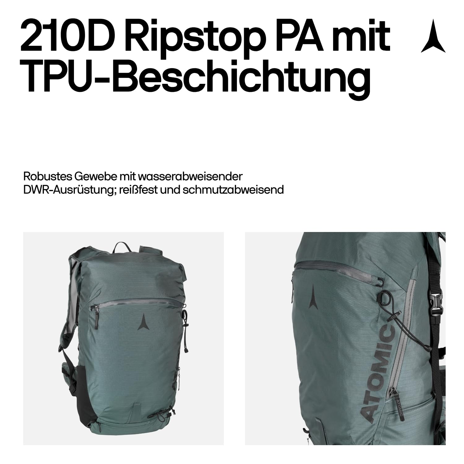 ATOMIC Backland 22+ Green/Grey I leichter Skitouren-Rucksack mit Rolltop-Verschluss I alpiner Wanderrucksack mit mehr als 22L Stauraum I robuster & vielseitiger Ski-Rucksack mit Hüftgurt