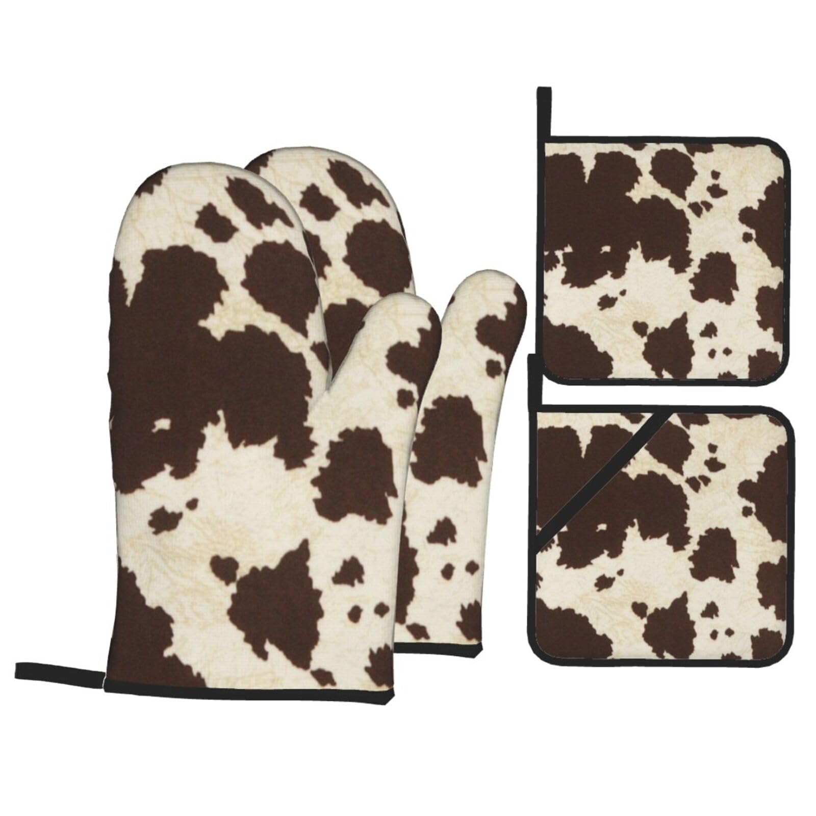 Cow Fur Print Print Stylish Heat-Resistant Oven 4-Piece Set Kitchen Gloves Roasting Daily Cooking