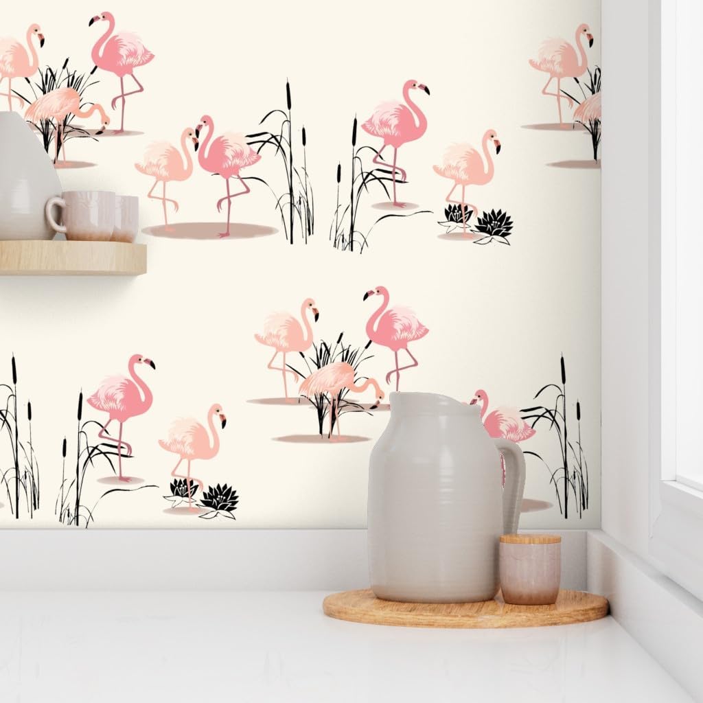 Removable Wallpaper 3ft x 2ft - Vintage Flamingo Glam Flamingos 1950S Retro Trailer Inspired Exotic Birds Tropical Beach Summer Custom Pre-Pasted Wallpaper by Spoonflower
