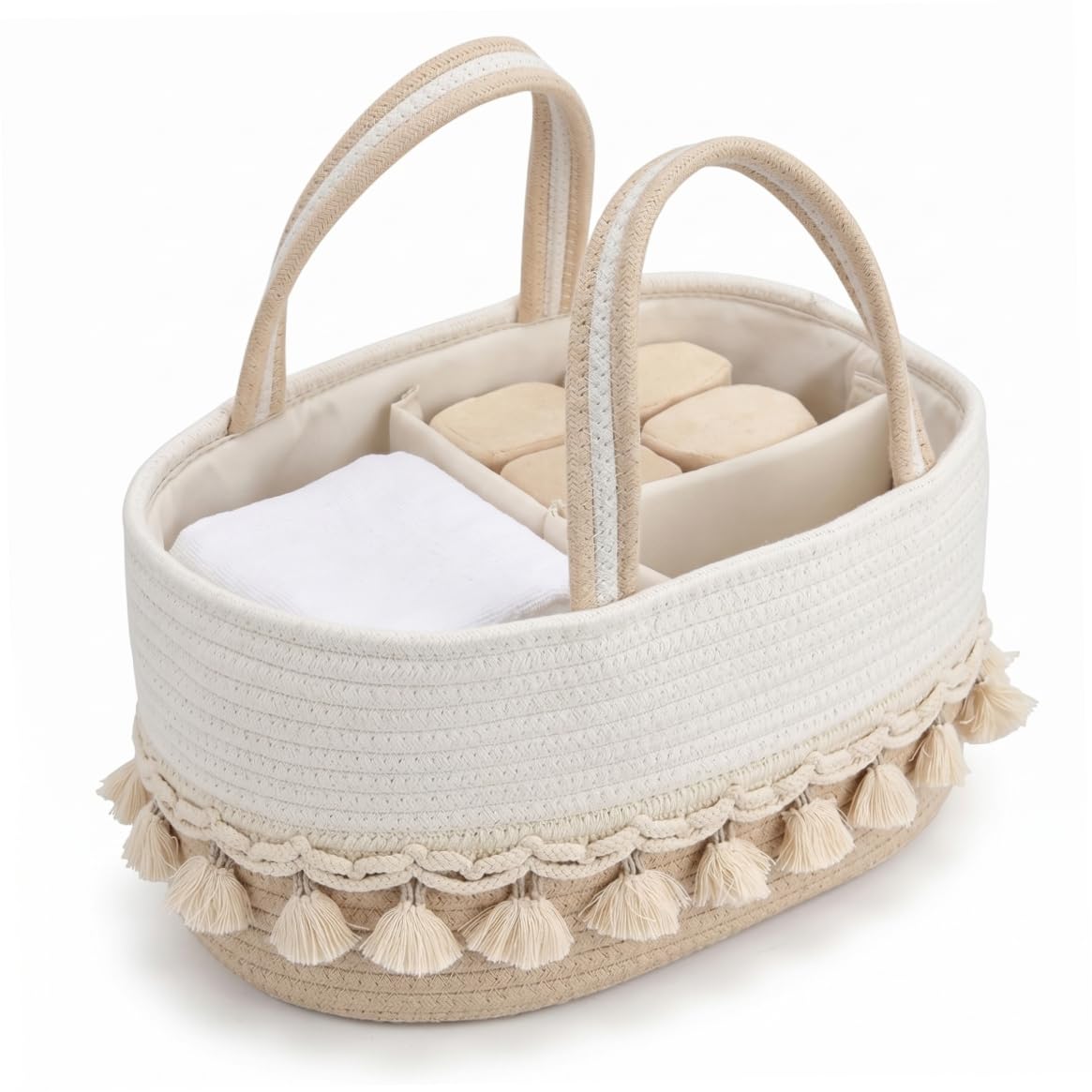 Organisateur de caddie à couches pour bébé avec séparateurs amovibles, panier de chambre d'enfant tissé à la main avec poignées pompons, kaki et blanc, 14, 17 x 8, 66 x 7, 09 pouces, organisateur c