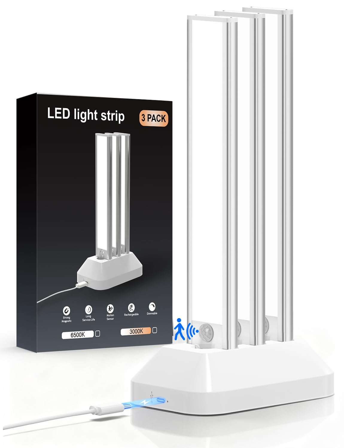 3-Pack Under Cabinet Kitchen Lights with Charging Station, Rechargeable 2200mAh LED Motion Sensor Lights Indoor, Wireless Magnetic Dimmable USB Under Counter Lights for Shelf Stairs Wardrobe Closet