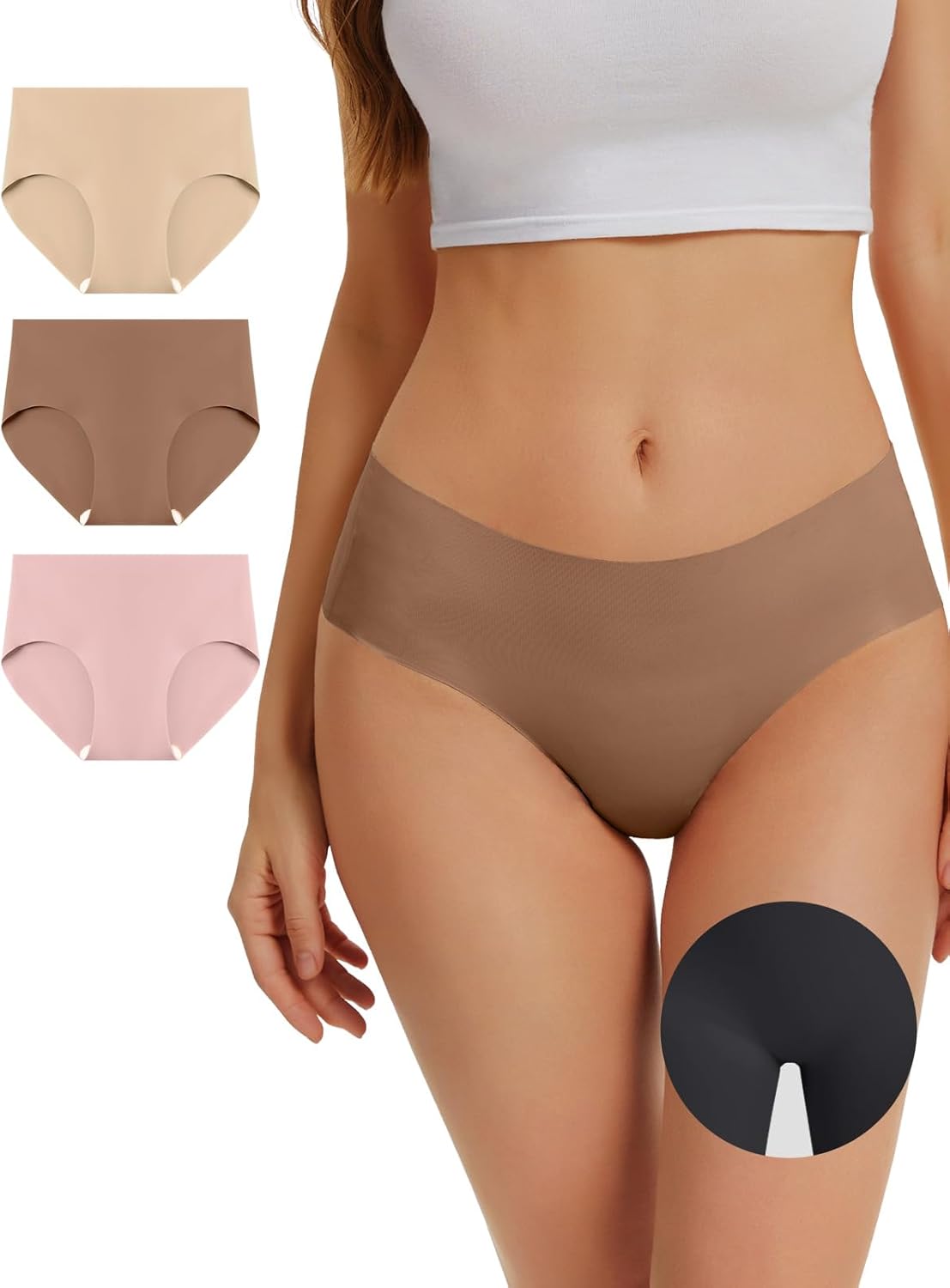 OVRUNS Seamless Underwear for Women 3 Pack Invisible Workout Underwear Mid Waist No Show Panty Liners Briefs, Nude-Dark Nude-Pink, L