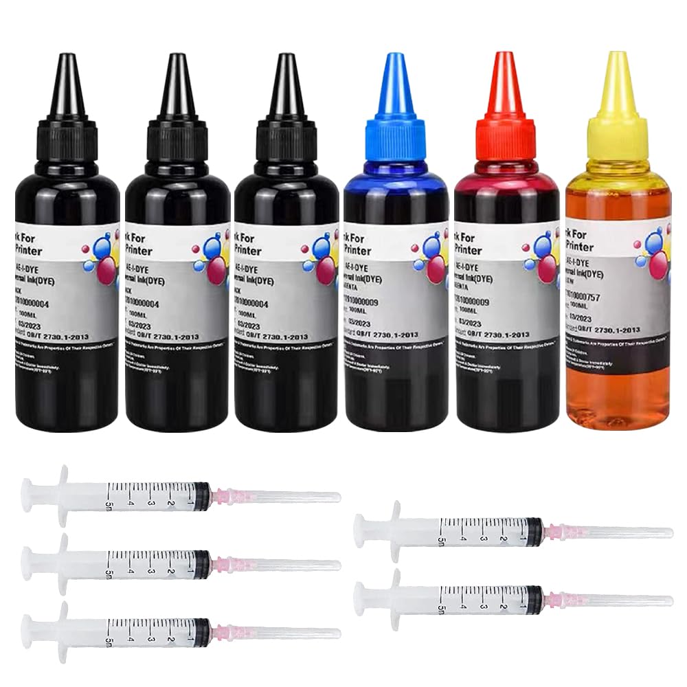 6-Pack Universal Dye Ink Refill Kit for All HP Canon Epsn Brother Printers Compatible Cartridges Refillable Cartridge CISS CIS System with 6 Syringes(6x100ML 3BK, 1C. 1M, 1Y)