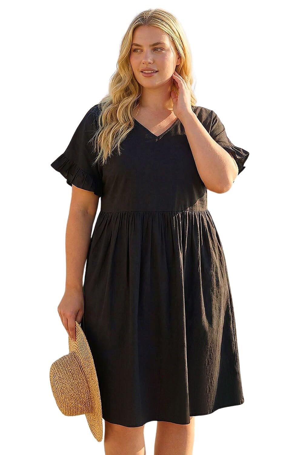Roman Originals Women's Black Plus Roman Curve Cotton V-Neck Frill Dress For Uk - Everyday Holiday Spring Summer V-Neckline Comfy Soft Evening Vacation Work Party - Size 20