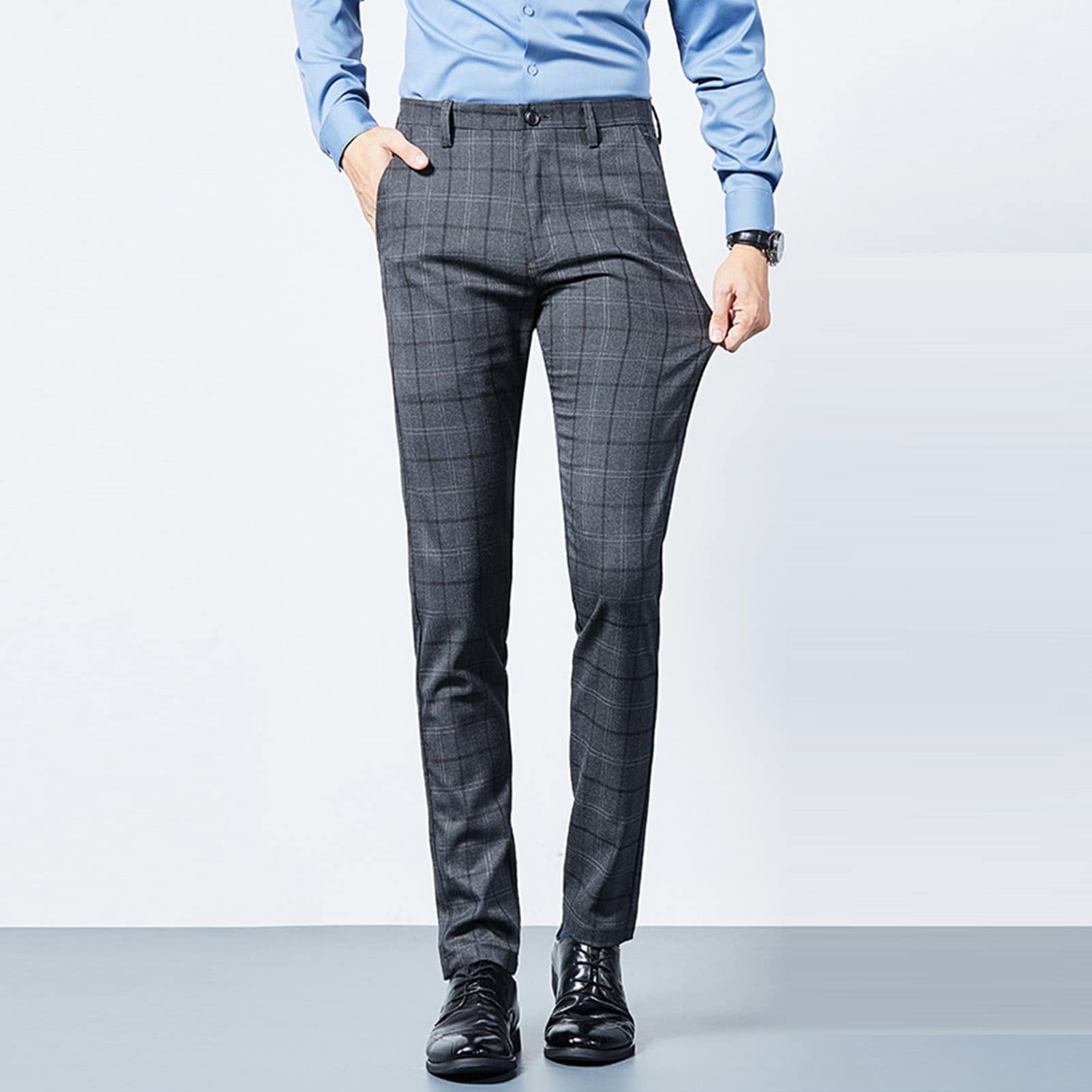 Men's Plaid Business Comfort Pant Casual Straight Fit Tapered Suit Pant Classic Lightweight Wedding Trousers (Dark Grey,29)