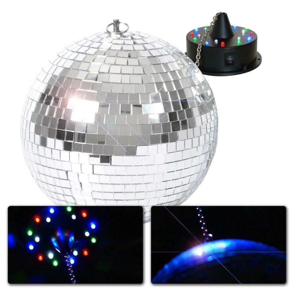 BeamZ MB30 Bola de discoteca con motor a pilas y LEDs, 30 cm, disco ball con batería, accesorios para fiestas, bola de espejo 70s 80s efecto luz de fiesta para discotecas, bares, cumpleaños, eventos