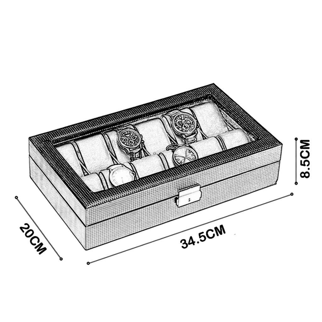 Caja de almacenamiento de relojes para hombres / mujeres Caja de joyería de fibra de carbono con 12 ranuras con almohadas suaves Relojes de pulsera con cerradura Organizador de exhibición de pulseras