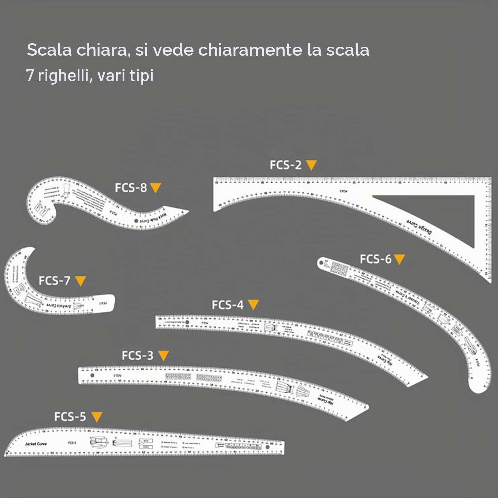 Set di 7 Righelli per Cucito su Misura, Righello per Modellismo Trasparente per Sarti, Set di Righelli per Curve Francesi per Cucito per Design Alla Moda, Guide per Tessuti,