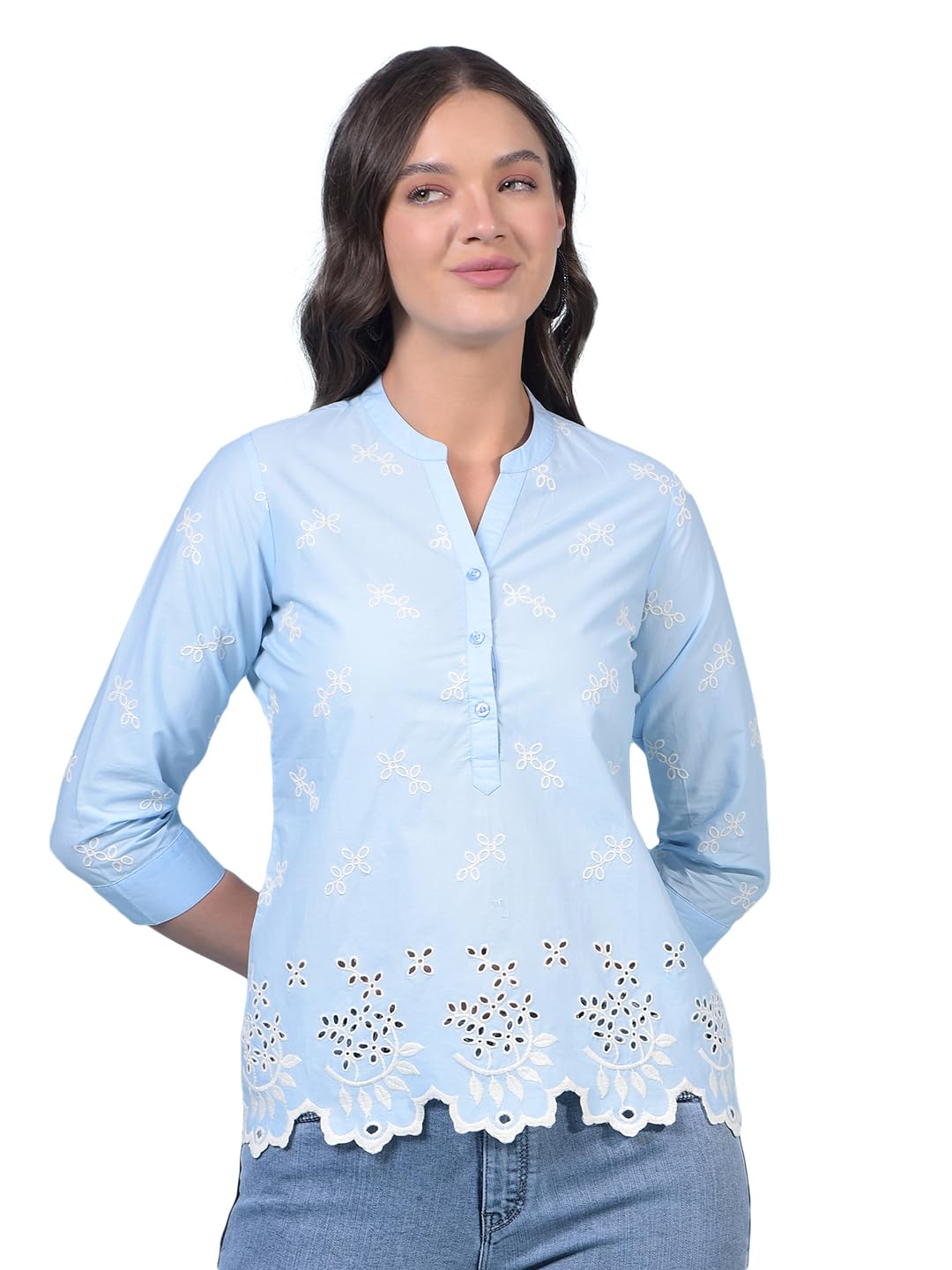 crimsoune club Women's Blue Embroidered 100% Cotton V-Neck Top-picture-18