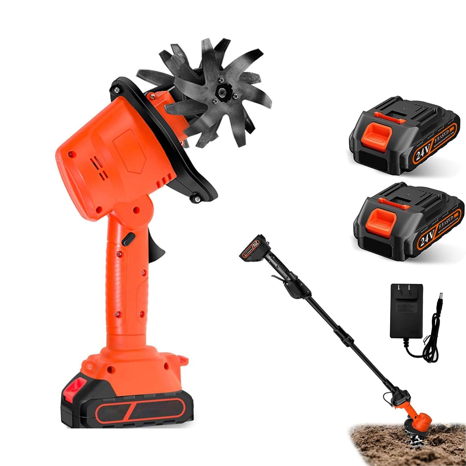 Motobineuse 24V sans Fil, Cultivateur Portable 550W 235RPM, Largeur/Profondeur de Travail 10/10cm, 1,3m Manche Amovible, pour Potager, Yard, Serre et Culture du Sol (Compatible Batterie 21V)