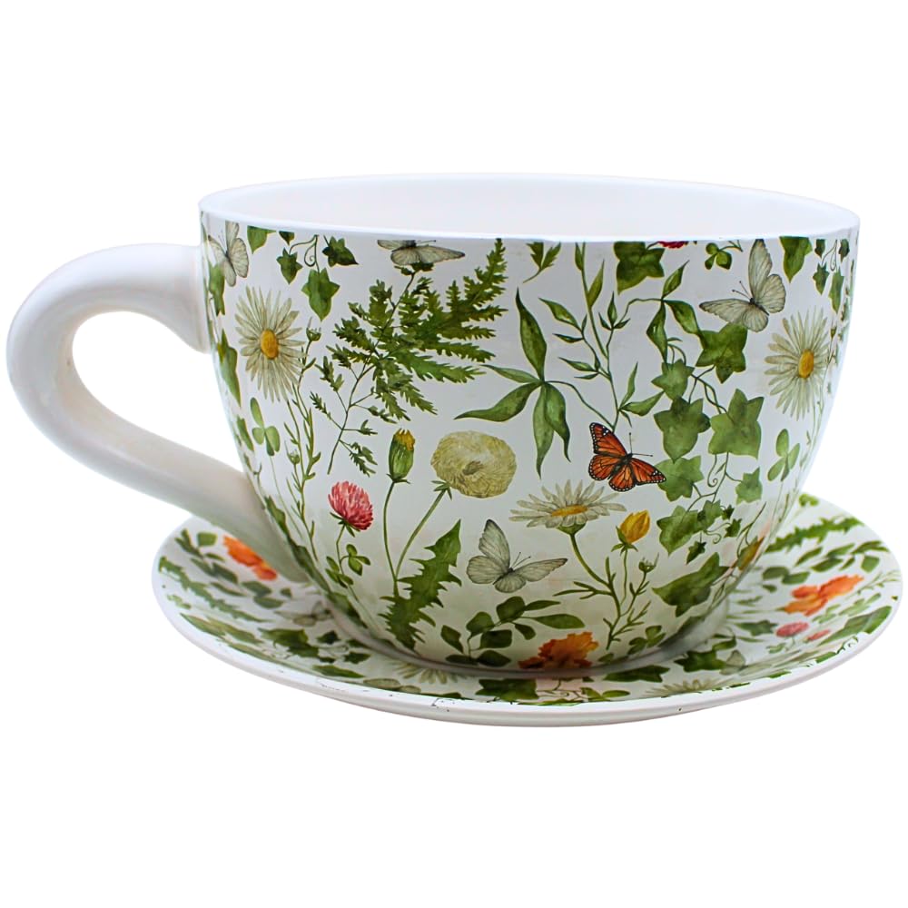 Dekohelden24 XXL Flower Pot, Plant Cup, Planter, Planter, Flower Pot, Plant Pot, Cup with Ceramic Handle, Magerite Motif, L/W/H 34 x 28 x 16 cm
