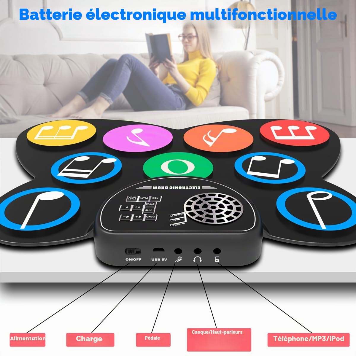 BATTERIE ELECTRONIQUE ENFANT - Portable et Repliable avec 9 Pads, 3 Toms, 2 Crashes, 1 Hi-hat, 1 Ride, 1 Snare, 1 Bass Drum, Haut-parleurs Intégrés et Prise Casque - Idéal pour Noël