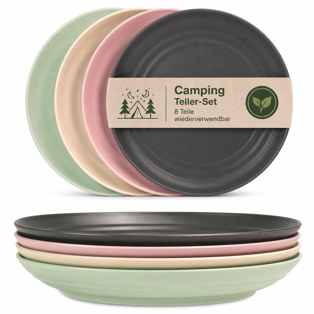 Hausfelder Teller Set 8x ø20 cm, Kunststoff, 4-farbig | 8 unzerbrechliche Mehrwegteller aus Kunststoff, ø 20 cm, in 4 Farben, wiederverwendbar