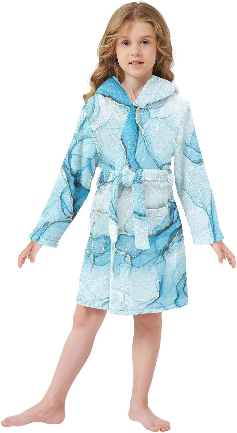 ODAWA Blue Watercolor Marble Girls Bathrobe Hooded Toddler Bath Towel Robe