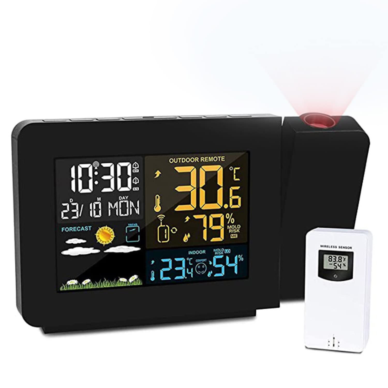 Réveil à Projection Plafond Stations Météo sans Fil Horloge de Météo Réveil pour Enfant & Murale Chambre avec Capteur Externe,Double Alarme Fonction Snooze Reveil Numerique