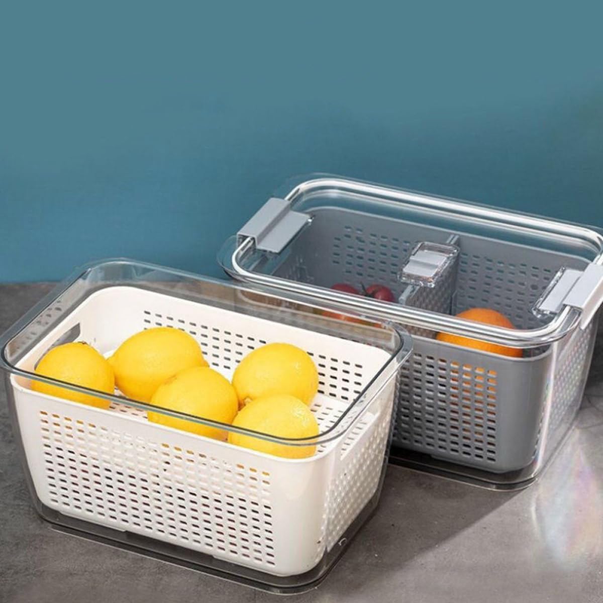 Gadpiparty Lot de 2 Boîtes à Fruits et Légumes Panier d'Égouttage Double Compartiment 17L et 45L en Plastique Blanc Organisateur Réfrigérateur Réutilisable pour Conservation Fraîcheur