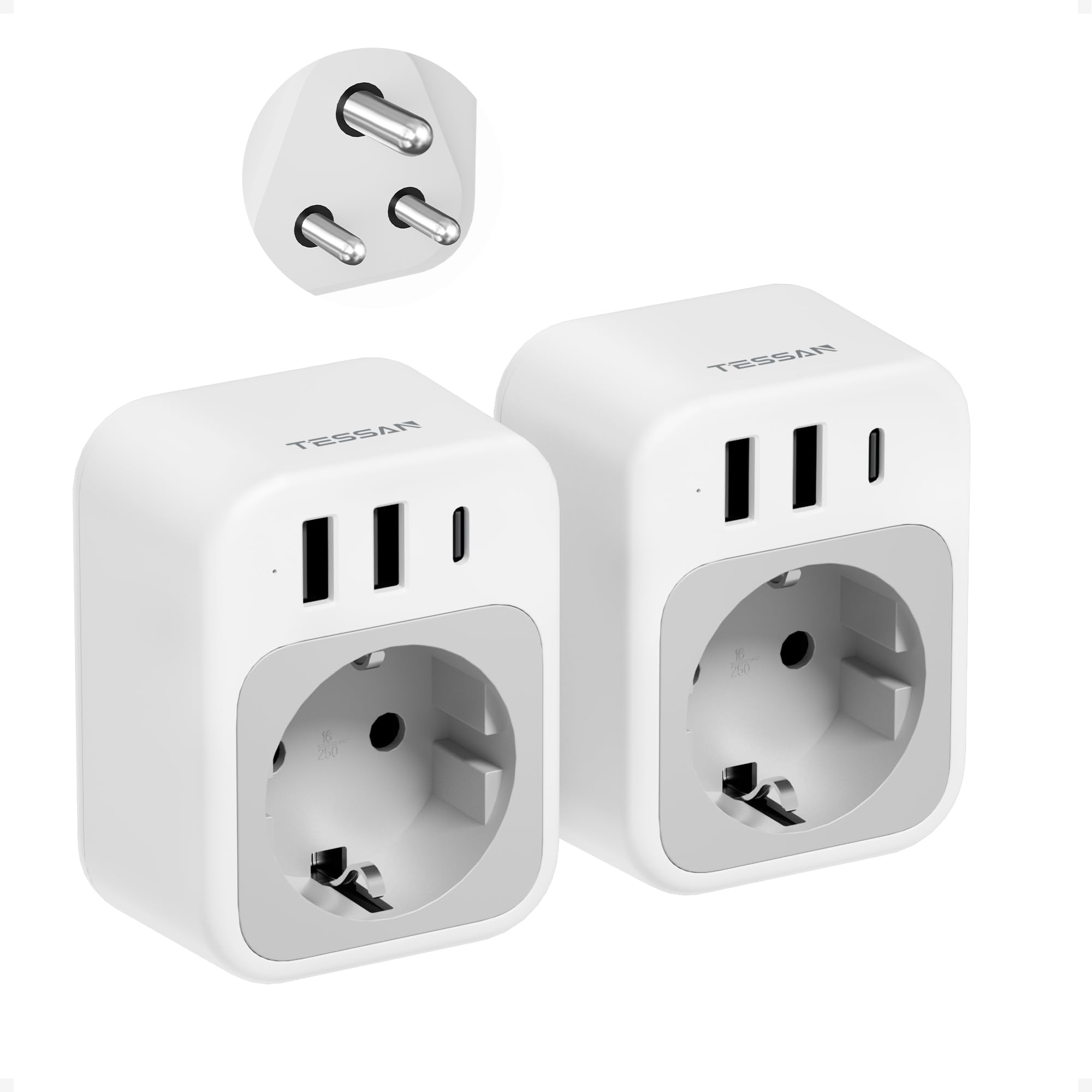 TESSAN Reiseadapter Sri Lanka 2 Stück Reiseadapter Indien Adapter Deutschland Stecker mit 2 USB A und 1 USB C, Adapter Sri Lanka Steckdose für Indien Nepal, Malediven, Steckdosenadapter Typ D