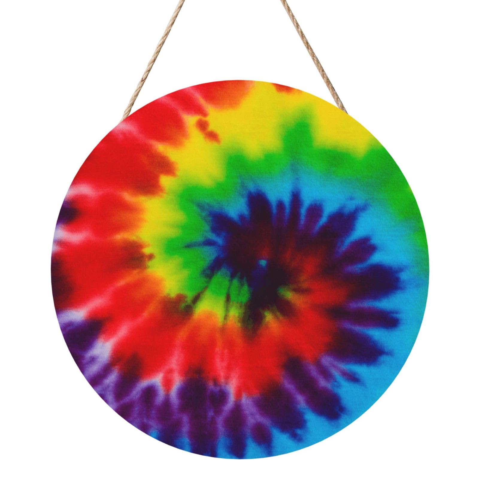 InOmak Tie Dye Colorful Rainbow, Round Wood Panel Painting 12 in, Wall Hanging Painting For Home