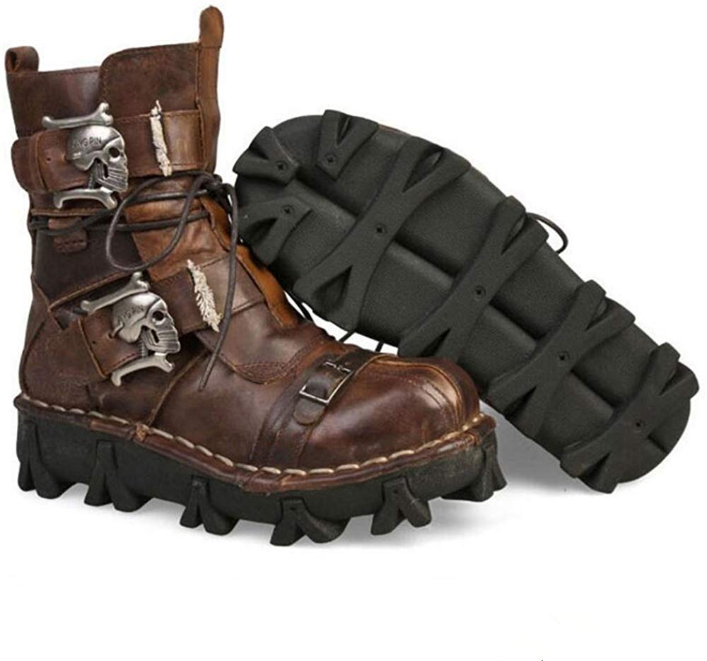 Lorie & KnightMens Brown Genuine Leather Military Army Boots Gothic Skull Punk Motorcycle