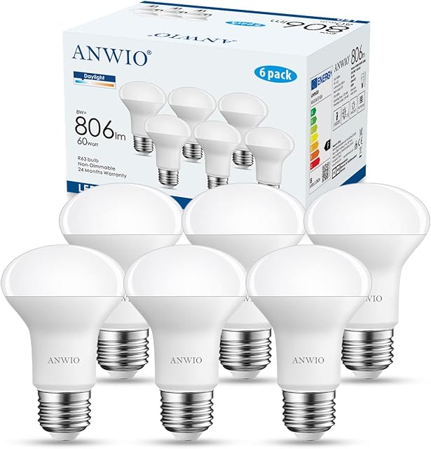 ANWIO Cold White 8W R63 Reflector E27 LED Bulb, Daylight Reflector E27 Spotlight Bulb 60W Equivalent, 6500K, 806Lm,R63 Bulbs,130 Degree Beam Angle,220-240V, Non-Dimmable (6 PCS)