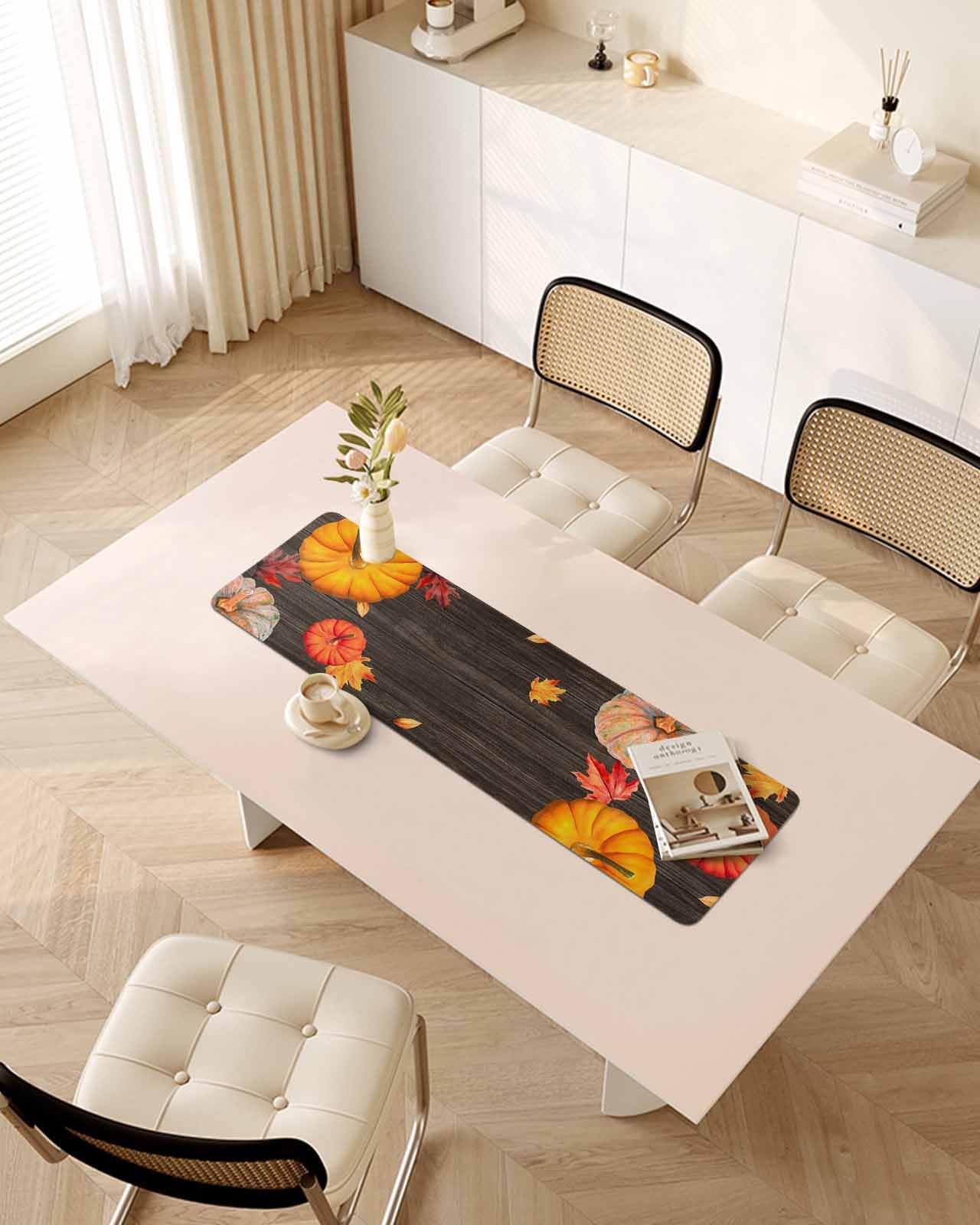 Debedcor Heat Proof Table Pads Waterproof Decorative, Orange Pumpkins Fall Non-Slip Table Countertop Protector, Thanksgiving Maple Leaf Wooden Insulation Mat for Kitchen Room, 40 x 12 Inches